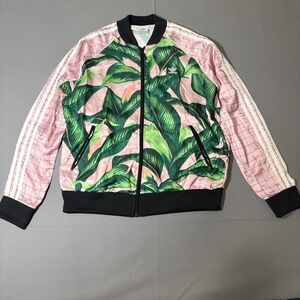 Adidas Track Jacket Womens Large Pink Tropical Leaf Grid Print